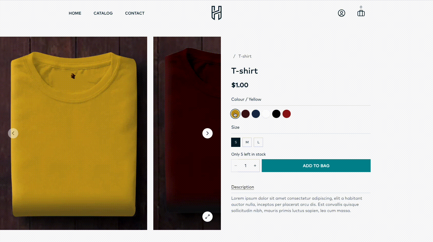 A yellow T-shirt displayed on a website, with options for size and a note that it's the only one left in stock. The background features a dark shirt, enhancing the visual contrast.