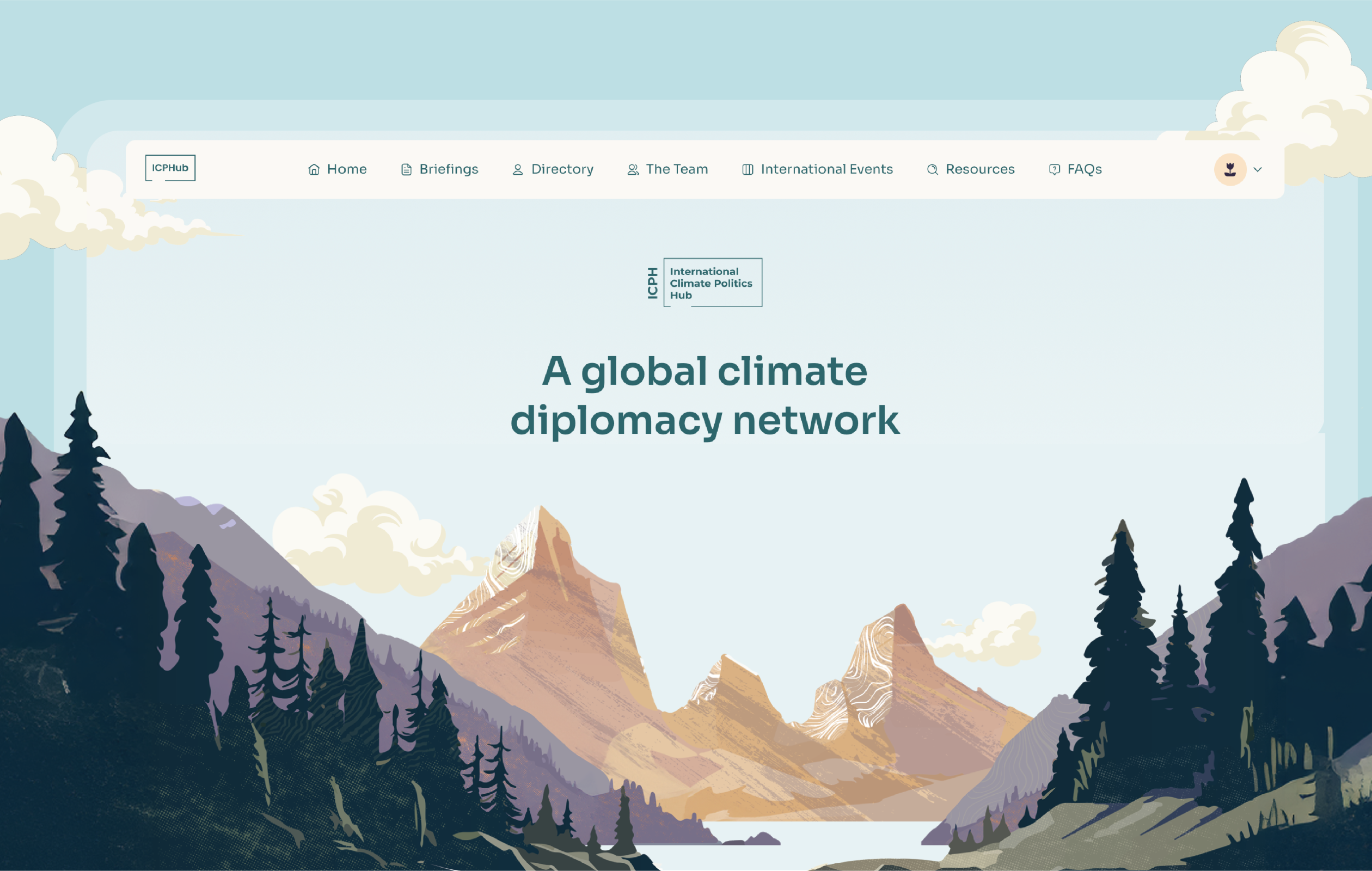 A webpage header featuring a serene landscape with mountains and forests, overlaid with text promoting a global climate diplomacy network.