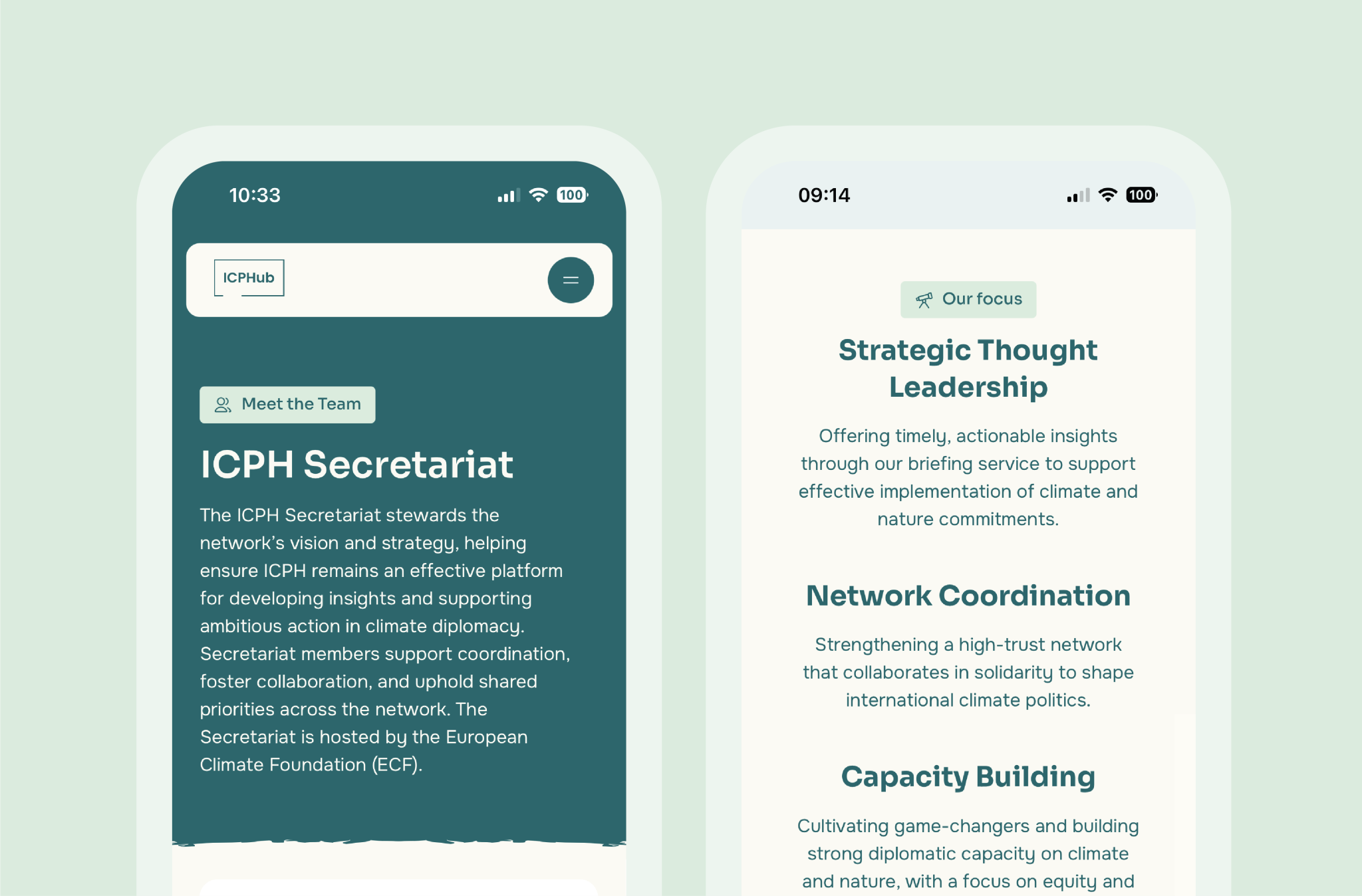 A screenshot of a mobile website featuring the ICPH Secretariat. The left screen displays a 