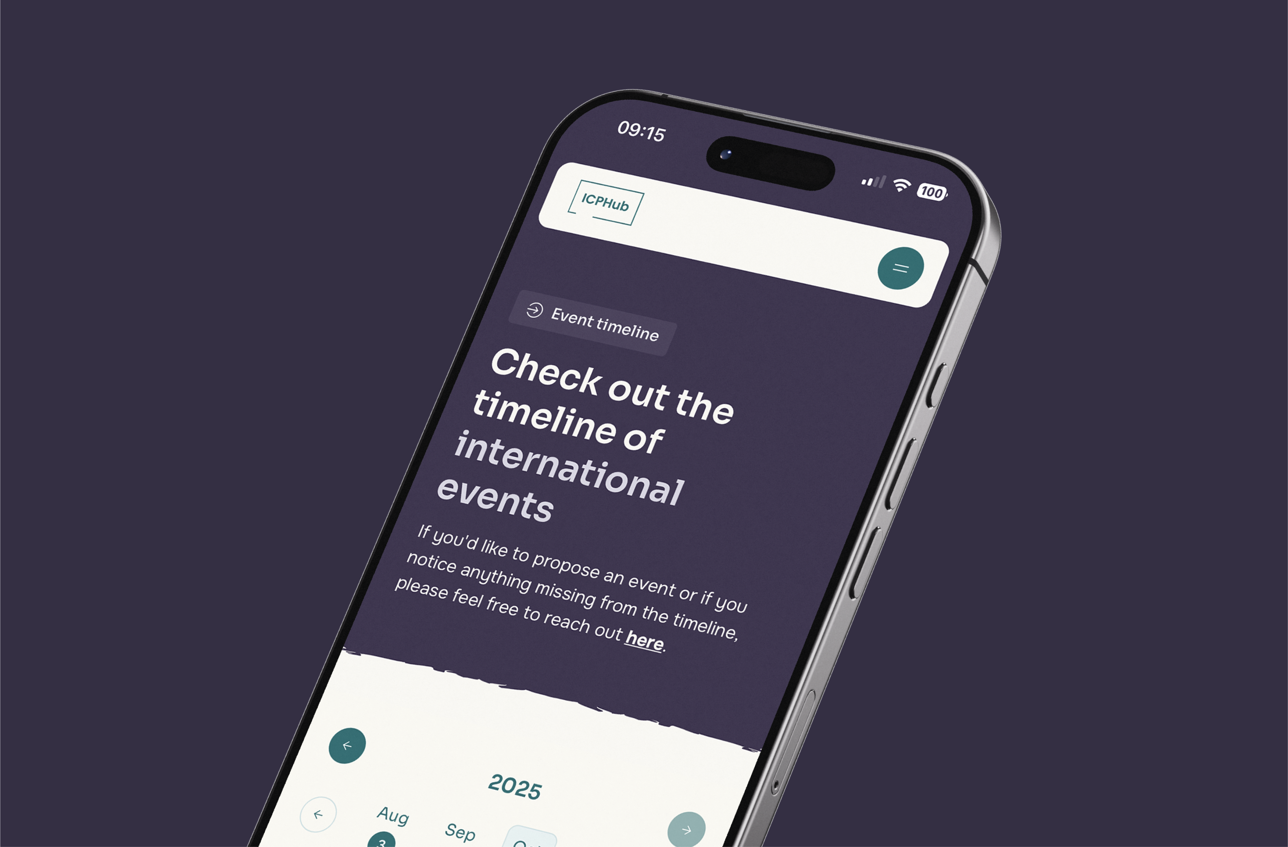 A smartphone displaying a website with a dark background featuring a timeline of international events, including a prompt to propose or report missing events. The design is modern and minimalistic.