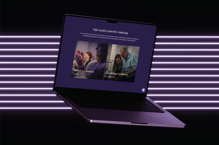 A laptop displays a website for high-quality scientific meetings, featuring sections for 