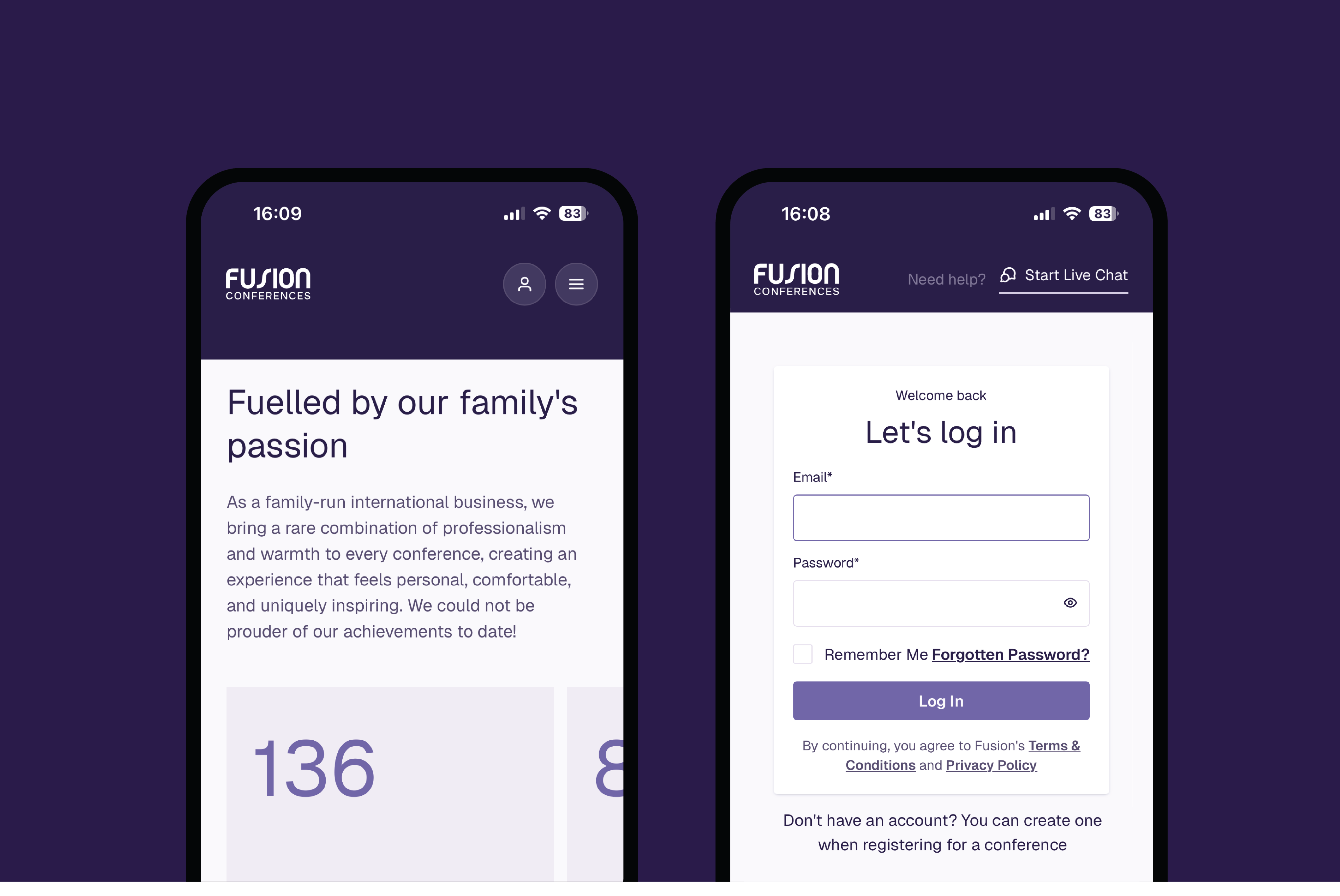 Two smartphone screens displaying a user interface for Fusion Conferences. The left screen features a welcome message and stats with a purple background, while the right screen shows a login form asking for email and password with options for remembering credentials.