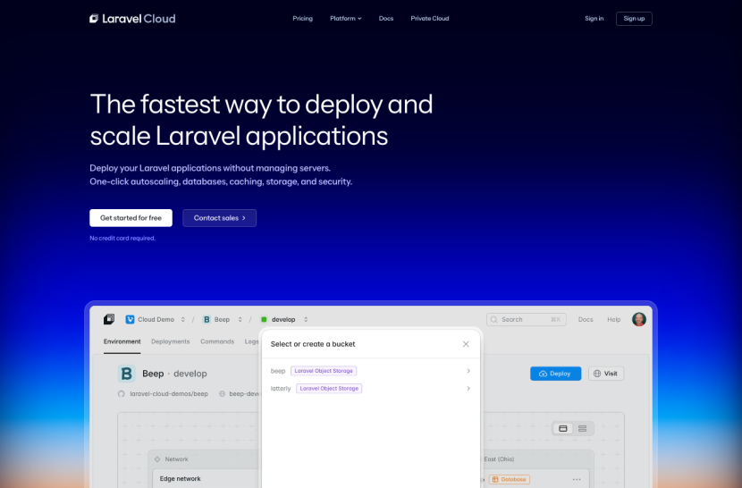 A website interface displaying Laravel Cloud services, featuring a dark blue background. Text highlights the ease of deploying and scaling Laravel applications. A selection menu for environments and a deployment button are visible on the screen.