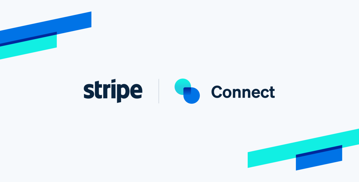 Logo design featuring the Stripe brand name and the Connect logo, with a modern color palette of blue and teal on a light background.