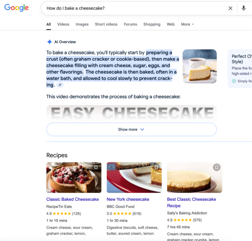 A screenshot of a Search Result page with an AI Overview section at the top demonstrating an AI-generated cheesecake recipe.