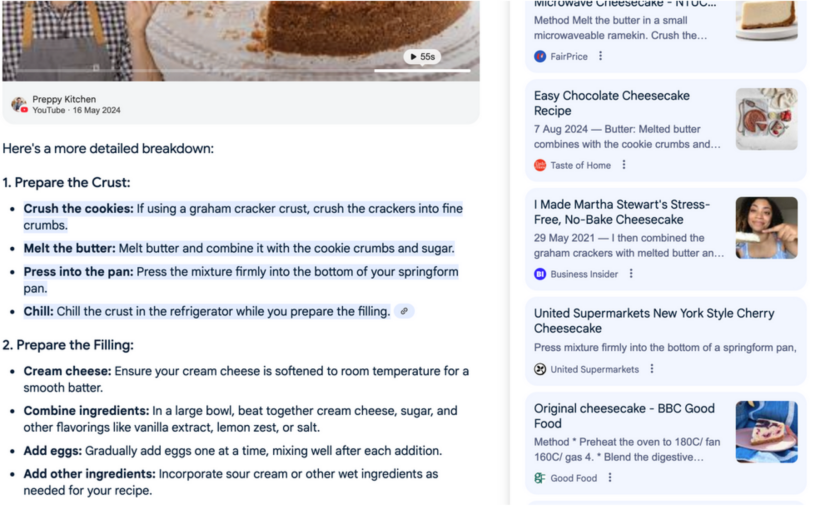 A screenshot with an AI Generated cheesecake recipe on the left and a list of links to websites on the right