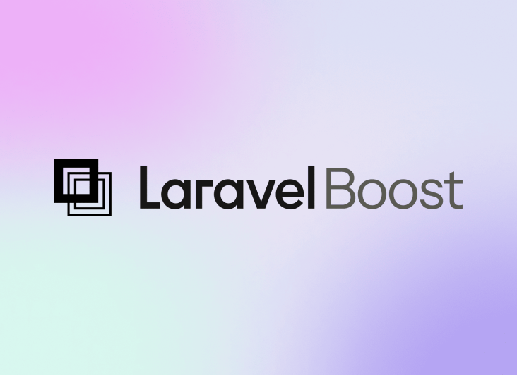 The logo for LaravelBoost, featuring a modern design with a square emblem beside the text. The background has a soft gradient of pastel colors.