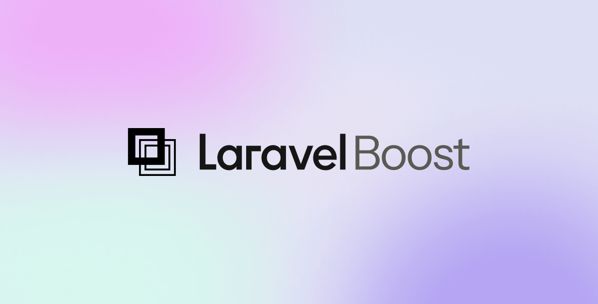 The logo for LaravelBoost, featuring a modern design with a square emblem beside the text. The background has a soft gradient of pastel colors.