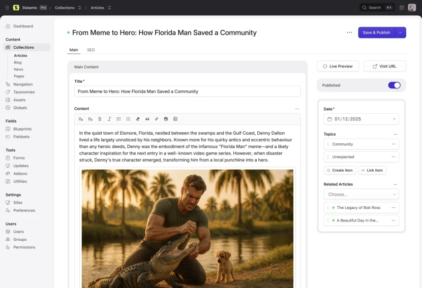 A man is kneeling by a river, interacting with a large alligator while a small dog observes nearby. Lush palm trees surround the scene, reflecting a warm, tropical setting.