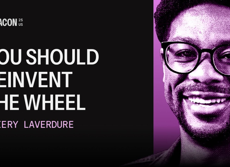 Smiling man with glasses on a dark background, with text overlay reading “You Should Reinvent The Wheel” and “Thierry Laverdure” alongside the Laracon logo.